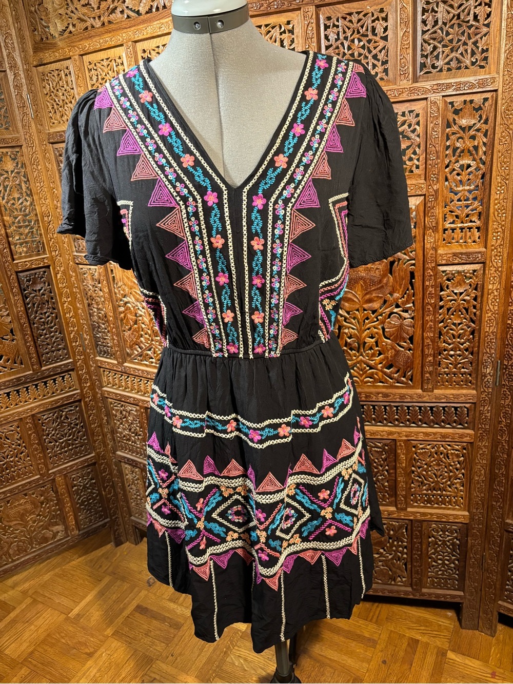 Savannah Jane Embroidered Black V-Neck Women’s Dress with Pink & Teal Accents